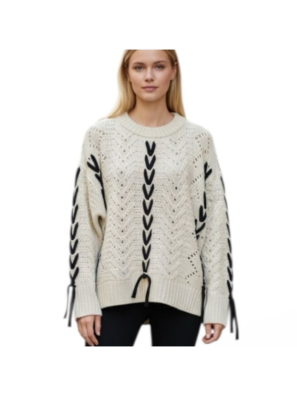 Retrod Oversized Chunky Knit Cream Sweater with Black Lacing Detail Large